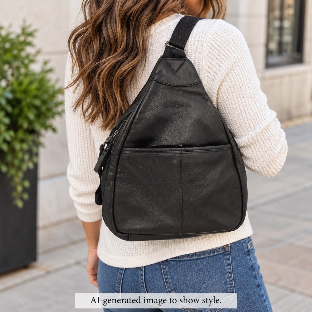 Black Genuine Leather Teardrop Small Backpack Purse Multi Pocket Y2K Style